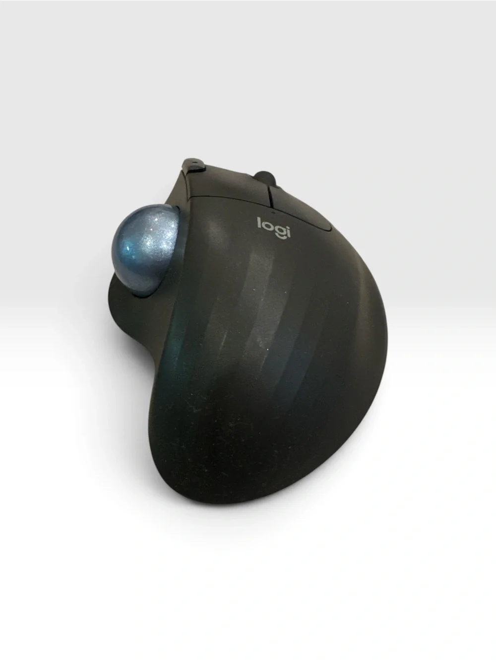 Logi Black Ergonomic Trackball Mouse with Blue Trackball and keyboard